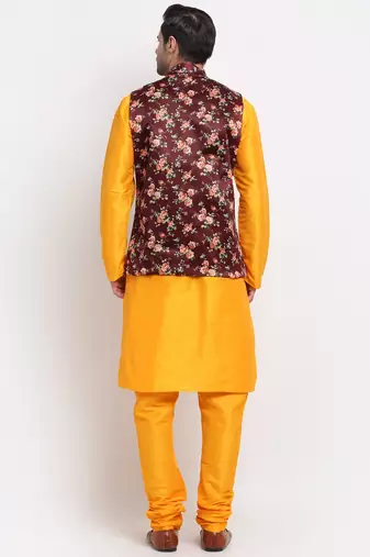 Men Mustard Kurta with Churidar & Maroon Satin Printed Nehru Jacket