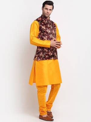 Men Mustard Kurta with Churidar & Maroon Satin Printed Nehru Jacket 4