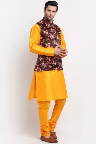 Men Mustard Kurta with Churidar & Maroon Satin Printed Nehru Jacket