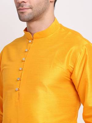 Men Mustard Kurta with Churidar & Maroon Satin Printed Nehru Jacket 6