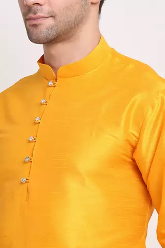 Men Mustard Kurta with Churidar & Maroon Satin Printed Nehru Jacket