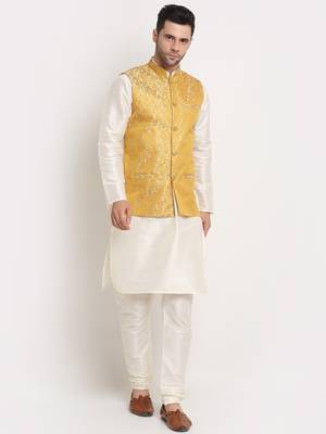 Cream Silk Blend Kurta and churidar with Jacquard Pista Nehru jacket 1