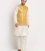 Cream Silk Blend Kurta and churidar with Jacquard Pista Nehru jacket