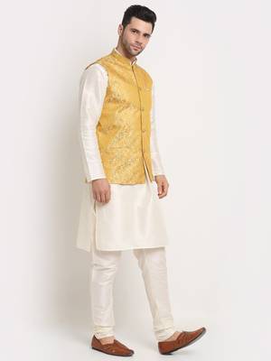 Cream Silk Blend Kurta and churidar with Jacquard Pista Nehru jacket 2