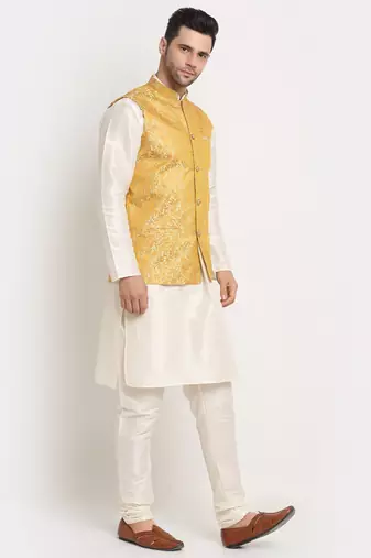 Cream Silk Blend Kurta and churidar with Jacquard Pista Nehru jacket