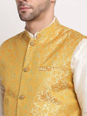 Cream Silk Blend Kurta and churidar with Jacquard Pista Nehru jacket 3