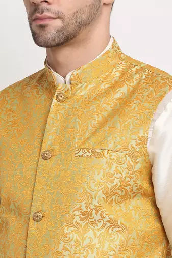 Cream Silk Blend Kurta and churidar with Jacquard Pista Nehru jacket