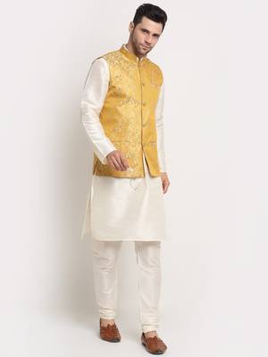 Cream Silk Blend Kurta and churidar with Jacquard Pista Nehru jacket 4