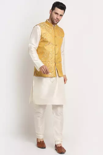 Cream Silk Blend Kurta and churidar with Jacquard Pista Nehru jacket