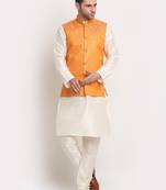 cream silk blend kurta and churidar with jacquard orange nehru jacket