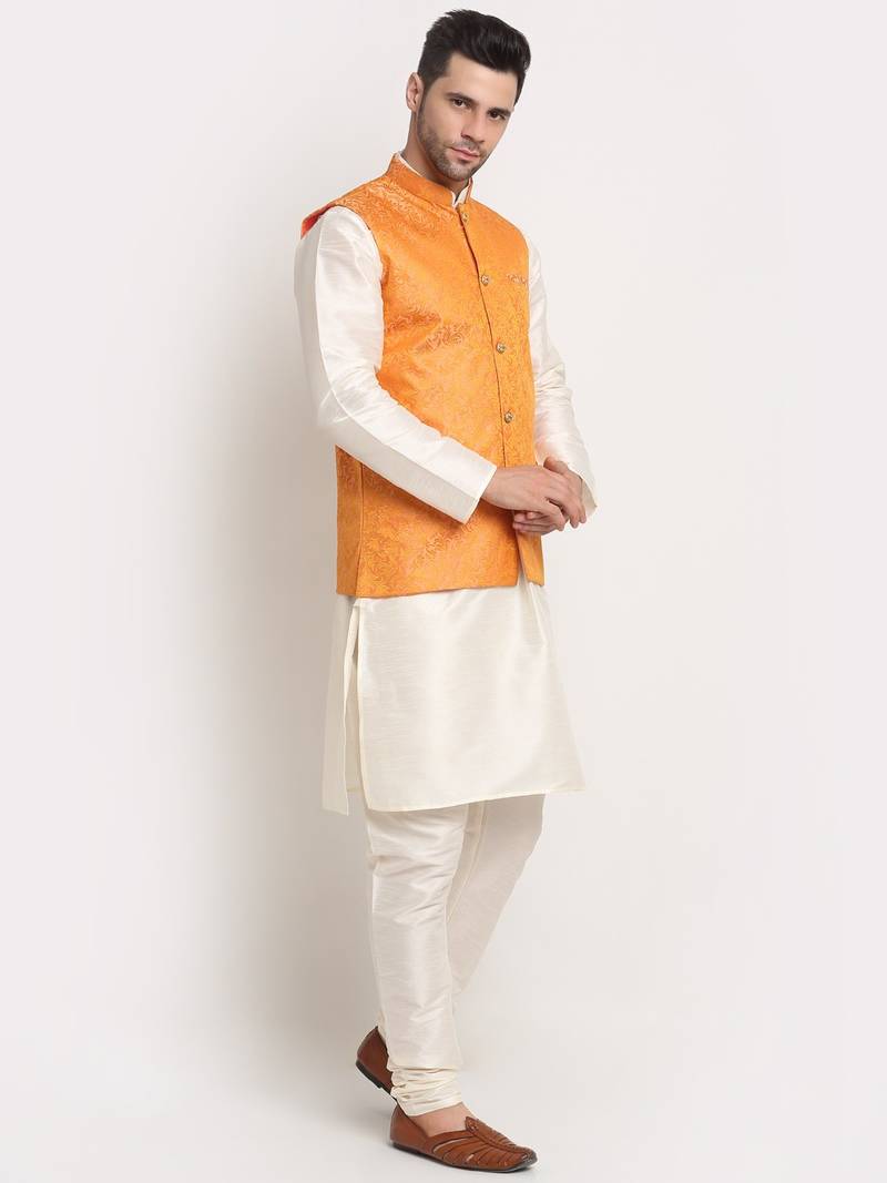 cream silk blend kurta and churidar with jacquard orange nehru jacket