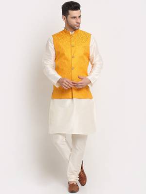 Cream Silk Blend Kurta and churidar with Jacquard Yellow Nehru jacket 1