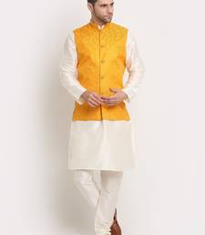 Cream Silk Blend Kurta and churidar with Jacquard Yellow Nehru jacket