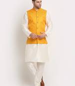 Cream Silk Blend Kurta and churidar with Jacquard Yellow Nehru jacket