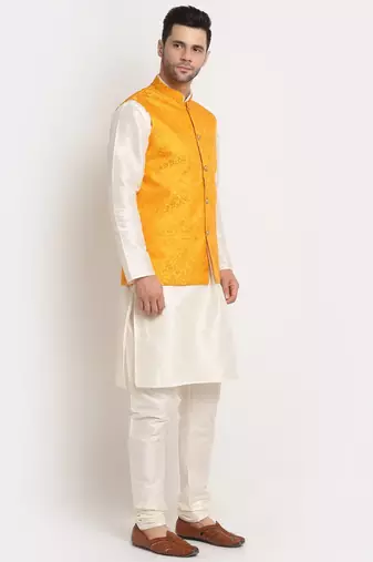 Cream Silk Blend Kurta and churidar with Jacquard Yellow Nehru jacket