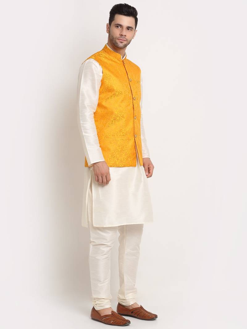 Cream Silk Blend Kurta and churidar with Jacquard Yellow Nehru jacket