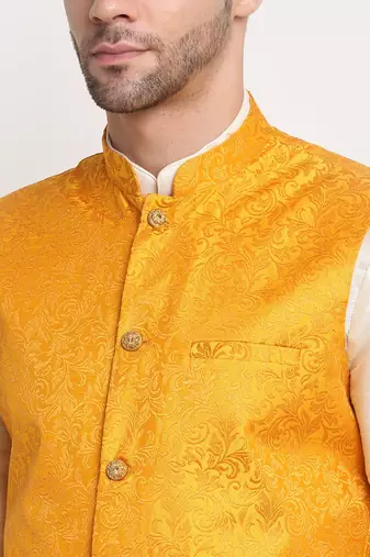 Cream Silk Blend Kurta and churidar with Jacquard Yellow Nehru jacket