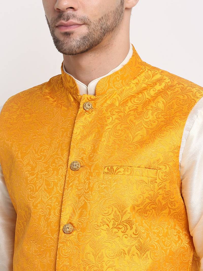 Cream Silk Blend Kurta and churidar with Jacquard Yellow Nehru jacket