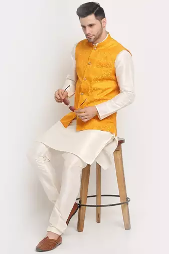 Cream Silk Blend Kurta and churidar with Jacquard Yellow Nehru jacket