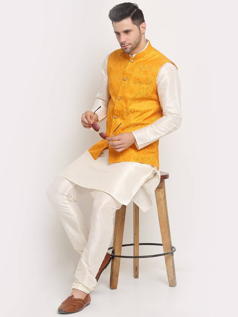 Cream Silk Blend Kurta and churidar with Jacquard Yellow Nehru jacket