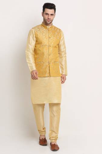 Fawn Silk Blend Kurta and churidar with Jacquard Pista Nehru jacket