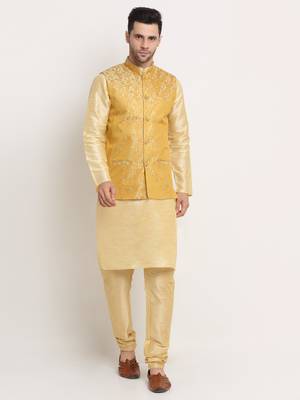 Fawn Silk Blend Kurta and churidar with Jacquard Pista Nehru jacket 1