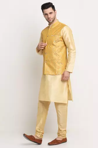 Fawn Silk Blend Kurta and churidar with Jacquard Pista Nehru jacket