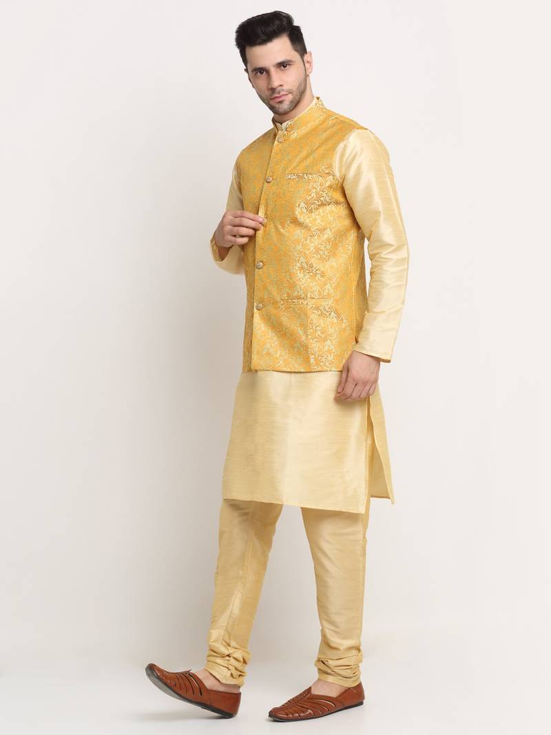 Fawn Silk Blend Kurta and churidar with Jacquard Pista Nehru jacket