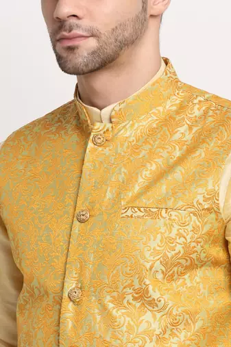 Fawn Silk Blend Kurta and churidar with Jacquard Pista Nehru jacket