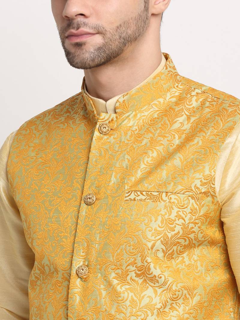 Fawn Silk Blend Kurta and churidar with Jacquard Pista Nehru jacket