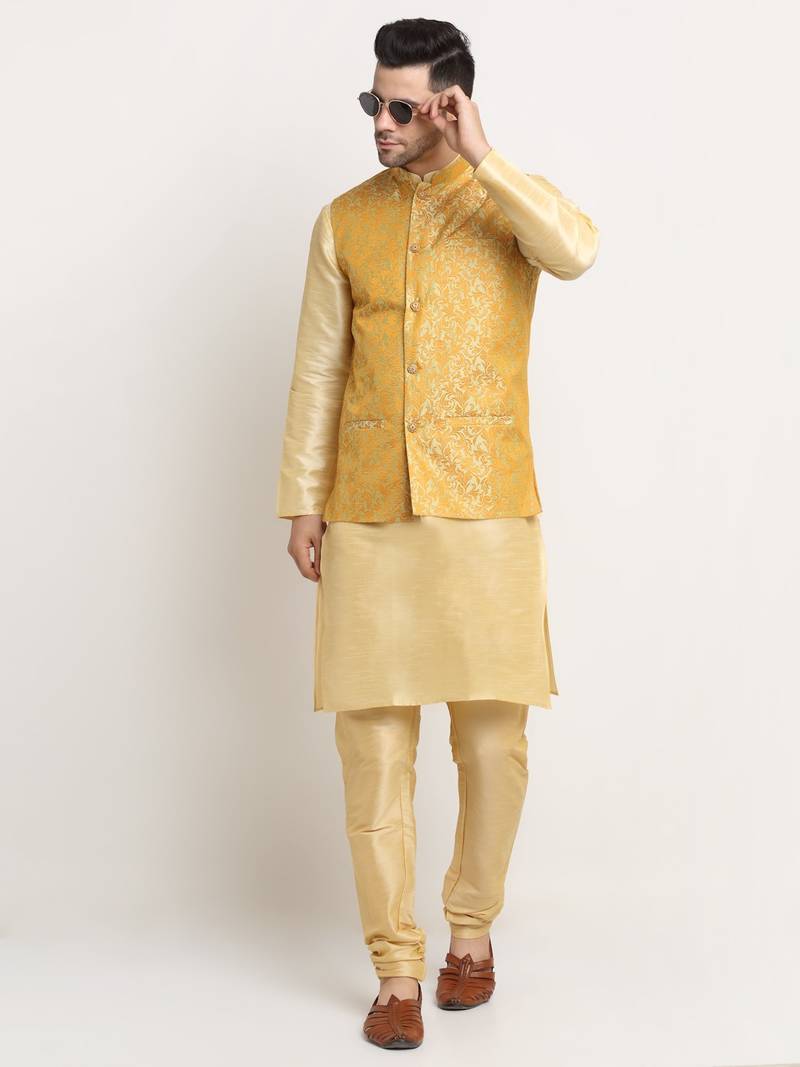 Fawn Silk Blend Kurta and churidar with Jacquard Pista Nehru jacket