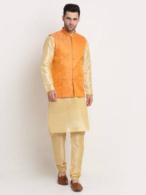 Fawn Silk Blend Kurta and churidar with Jacquard Peach Nehru jacket 1