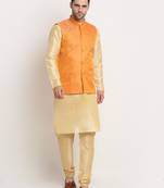 Fawn Silk Blend Kurta and churidar with Jacquard Peach Nehru jacket