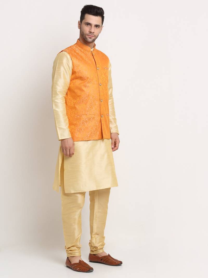 Fawn Silk Blend Kurta and churidar with Jacquard Peach Nehru jacket