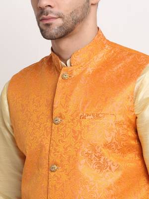 Fawn Silk Blend Kurta and churidar with Jacquard Peach Nehru jacket 3