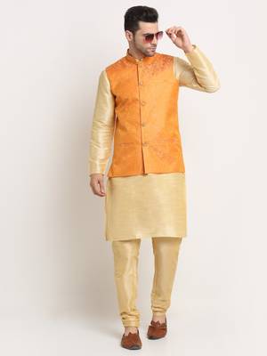 Fawn Silk Blend Kurta and churidar with Jacquard Peach Nehru jacket 4