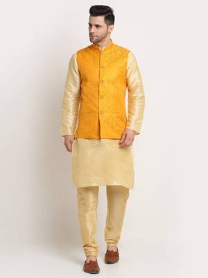 Fawn Silk Blend Kurta and churidar with Jacquard Yellow Nehru jacket 1
