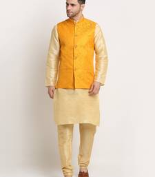 Fawn Silk Blend Kurta and churidar with Jacquard Yellow Nehru jacket