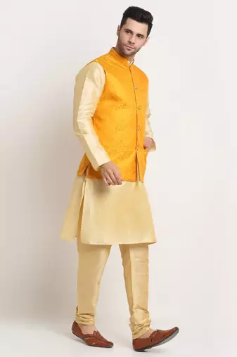 Fawn Silk Blend Kurta and churidar with Jacquard Yellow Nehru jacket