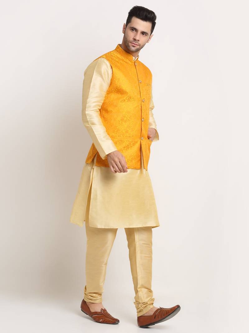 Fawn Silk Blend Kurta and churidar with Jacquard Yellow Nehru jacket