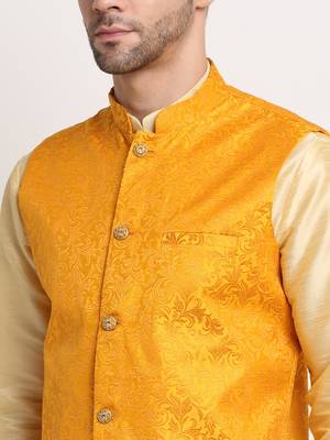 Fawn Silk Blend Kurta and churidar with Jacquard Yellow Nehru jacket 3
