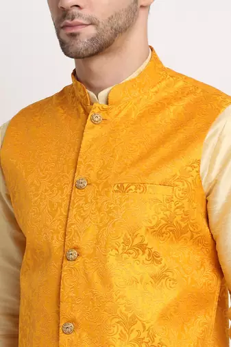 Fawn Silk Blend Kurta and churidar with Jacquard Yellow Nehru jacket