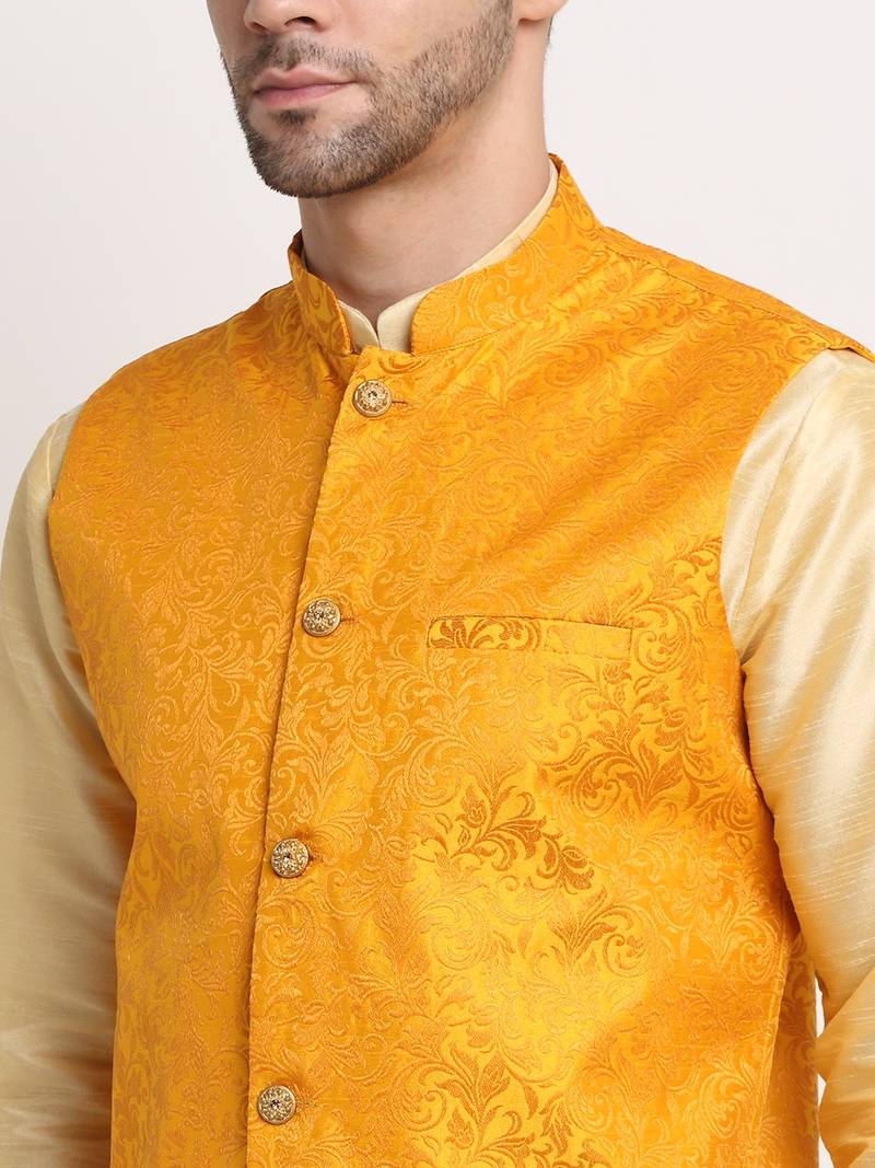 Fawn Silk Blend Kurta and churidar with Jacquard Yellow Nehru jacket