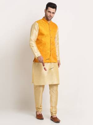 Fawn Silk Blend Kurta and churidar with Jacquard Yellow Nehru jacket 4