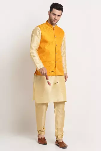 Fawn Silk Blend Kurta and churidar with Jacquard Yellow Nehru jacket