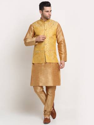 Gold Silk Blend Kurta and churidar with Jacquard Pista Nehru jacket 1