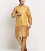 Gold Silk Blend Kurta and churidar with Jacquard Pista Nehru jacket