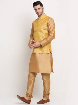 Gold Silk Blend Kurta and churidar with Jacquard Pista Nehru jacket 2