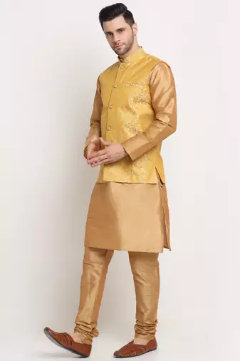 Gold Silk Blend Kurta and churidar with Jacquard Pista Nehru jacket