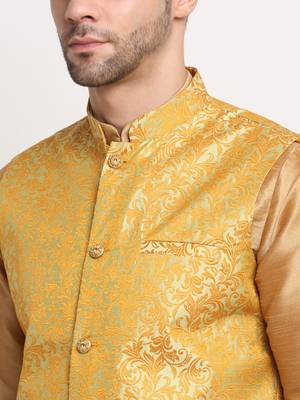 Gold Silk Blend Kurta and churidar with Jacquard Pista Nehru jacket 3